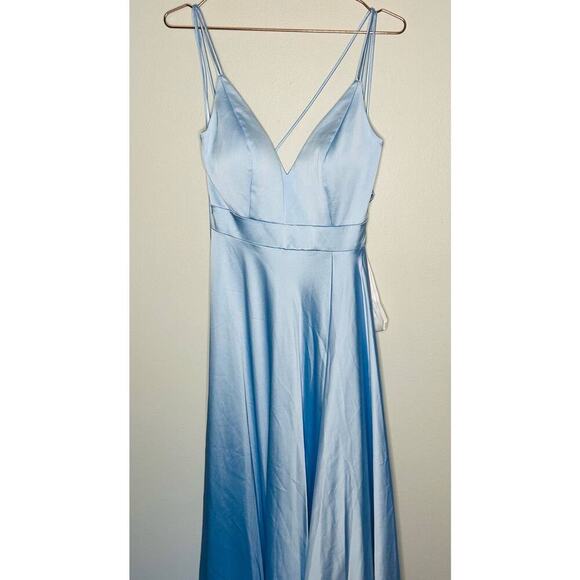 Ieena Mac Duggal Satin Strappy- Back High Slit Powder Blue Lace Up Back Gown 8 - Picture 5 of 14